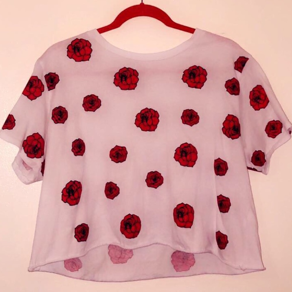 White crop top, with red roses pattern. Size-Large